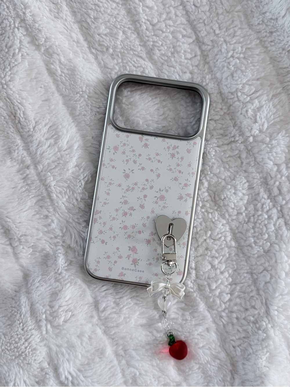 White Floral Phone Case with Silver Heart Charm and Cherry Dangle